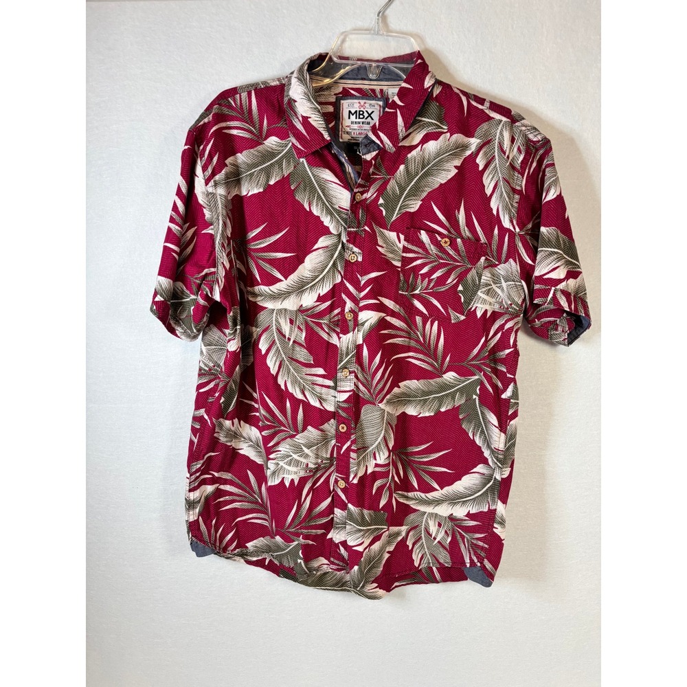 MBX Denim Wear Men XL Slim Fit Tropical Palm Leaf Button Down Shirt Burgundy Red